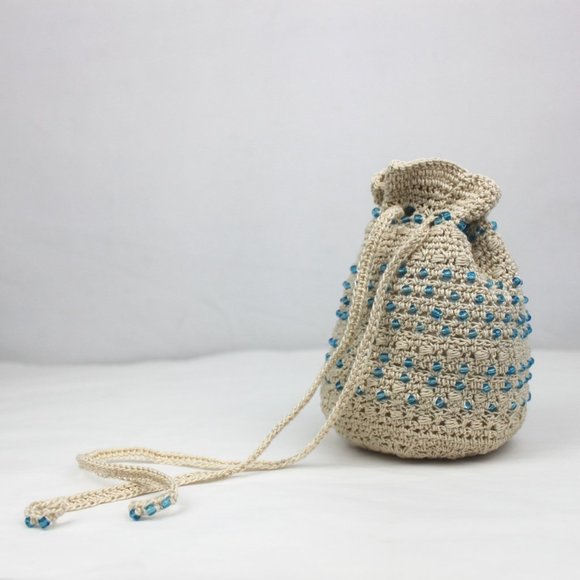 Blue Glass Beaded Cream Crochet Drawstring Pouch - Picture 5 of 9